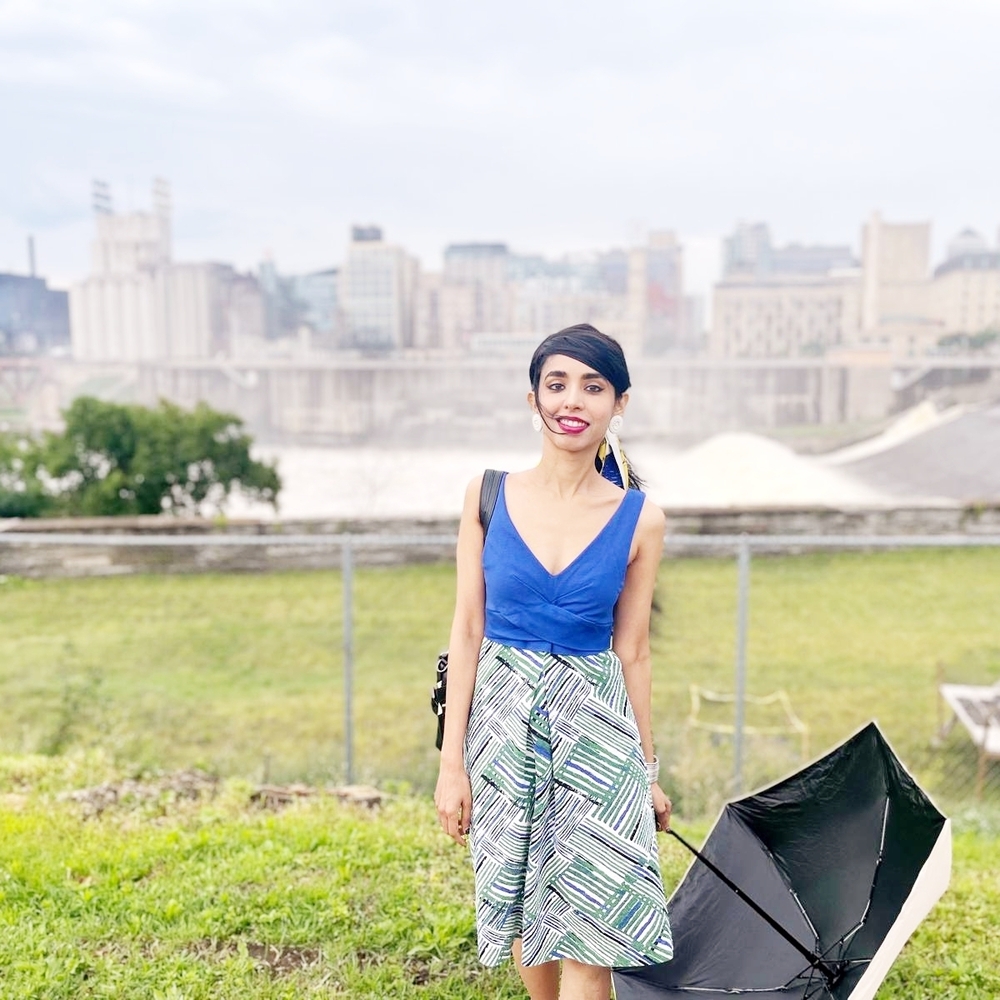 Women’s Blue V-Neck Dress with Green Patterned Skirt